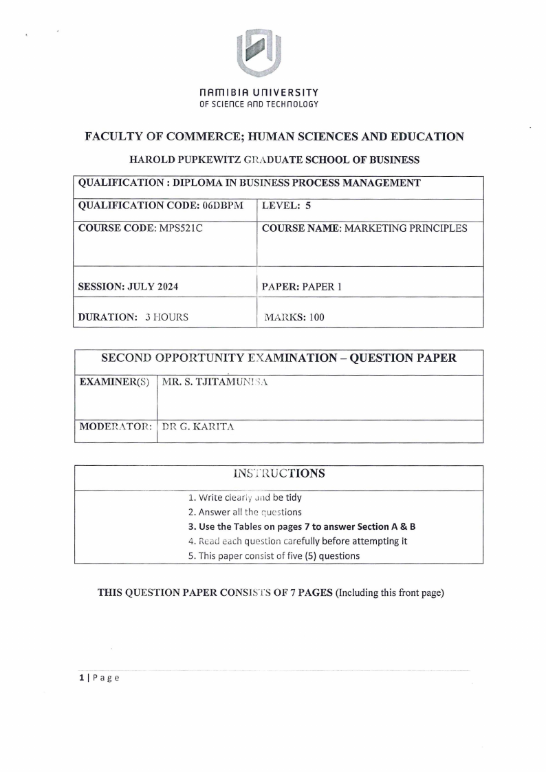 MPS521C-MARKRTING PRINCIPALS-2ND OPP- JULY 2024 :: NUST past ...