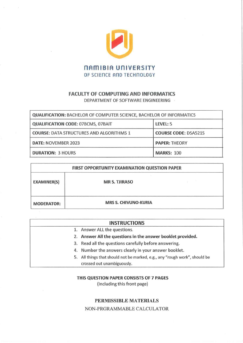 DSA521S - DATA STRUCTURES AND ALGORITHMS 1 - 1ST OPP - NOV 2023 :: NUST ...