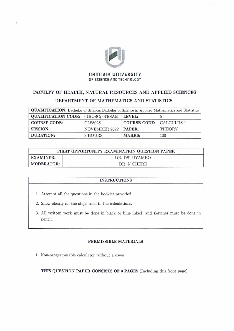 CLS502S - CALCULUS 1 - 1ST OPP - NOV 2022 :: NUST past examination ...